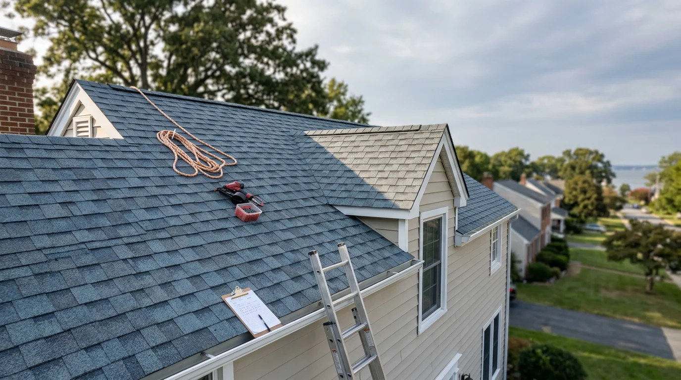 Roofing contractor working on residential roof in Anne Arundel County