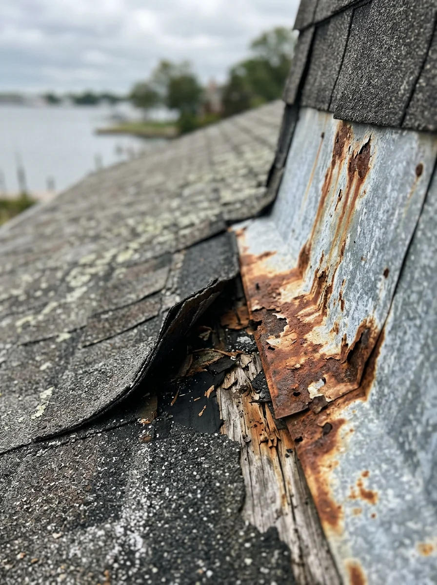 Close-up of corroded roof flashing and lifted shingles on an Annapolis waterfront home near Eastport, showing coastal weather damage typical of bay-exposed properties.