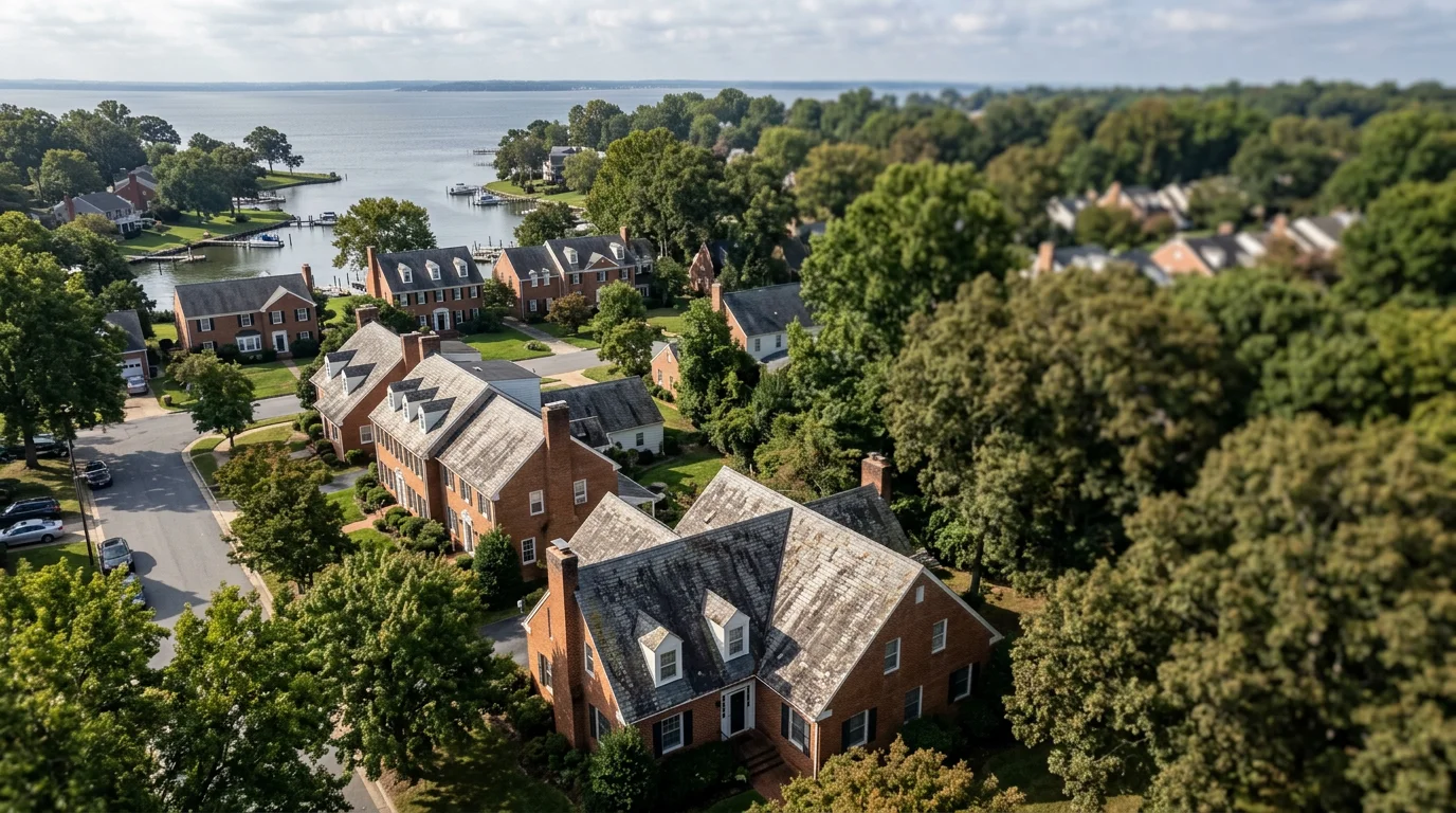 Aerial view of an Annapolis residential neighborhood near the Chesapeake Bay showing asphalt shingle rooftops on mid-century colonial homes with visible storm wear on bay-facing slopes.