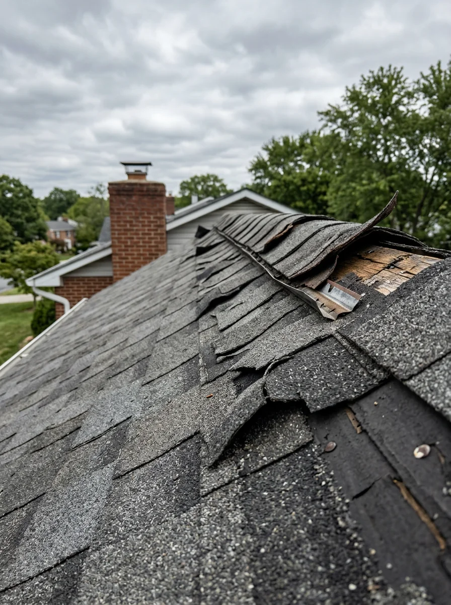 Close-up of wind-lifted shingles and damaged ridge cap on an Arnold, MD home near the Broadneck Peninsula, showing storm damage typical of water-exposed properties on the Severn and Magothy river corridors.