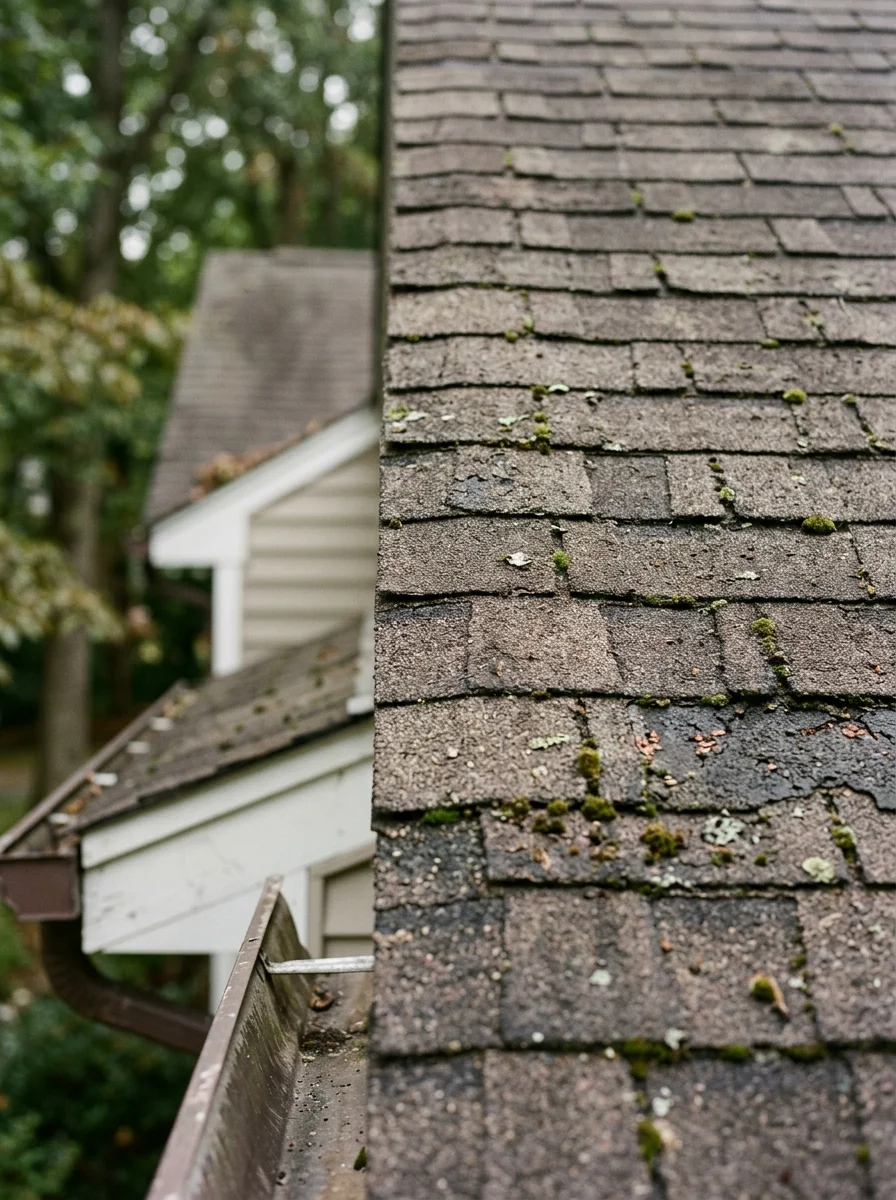 Close-up of an aging asphalt shingle roof on a Crofton colonial home showing granule loss and moss growth typical of 1970s-era construction in shaded Anne Arundel County neighborhoods.