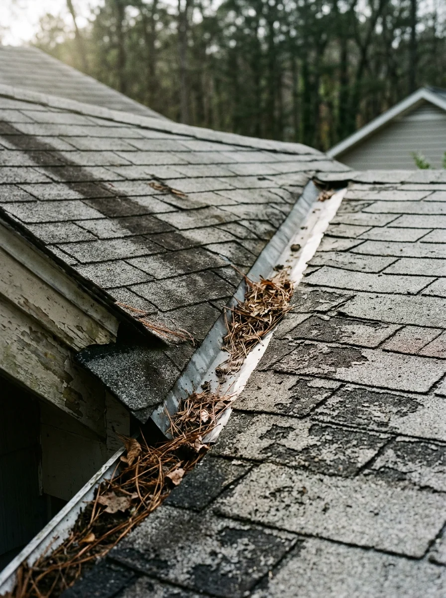 Close-up of a Crownsville cottage roof showing algae growth, debris accumulation in the valley, and worn shingles typical of older river-community homes with heavy tree coverage in Anne Arundel County.