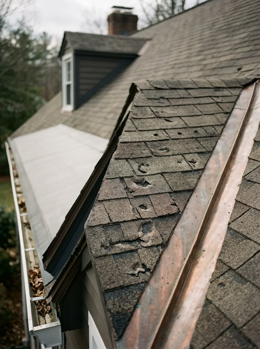 Close-up of a Davidsonville colonial home roof showing hail impact marks on asphalt shingles across multiple roof planes, with a dormer and valley flashing visible in the foreground.