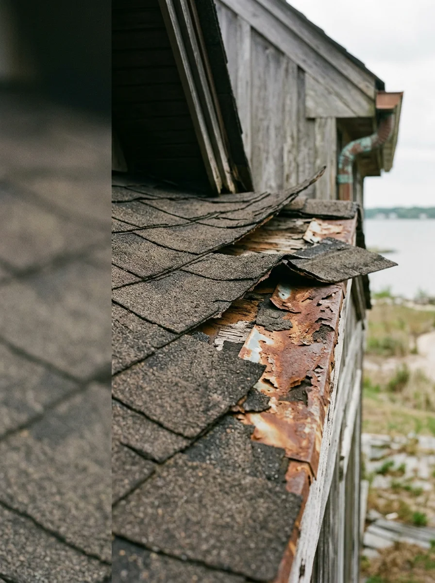 Close-up of lifted shingles and corroded flashing on an Edgewater waterfront cottage near Selby-on-the-Bay, showing wind and moisture damage typical of South River-area properties.