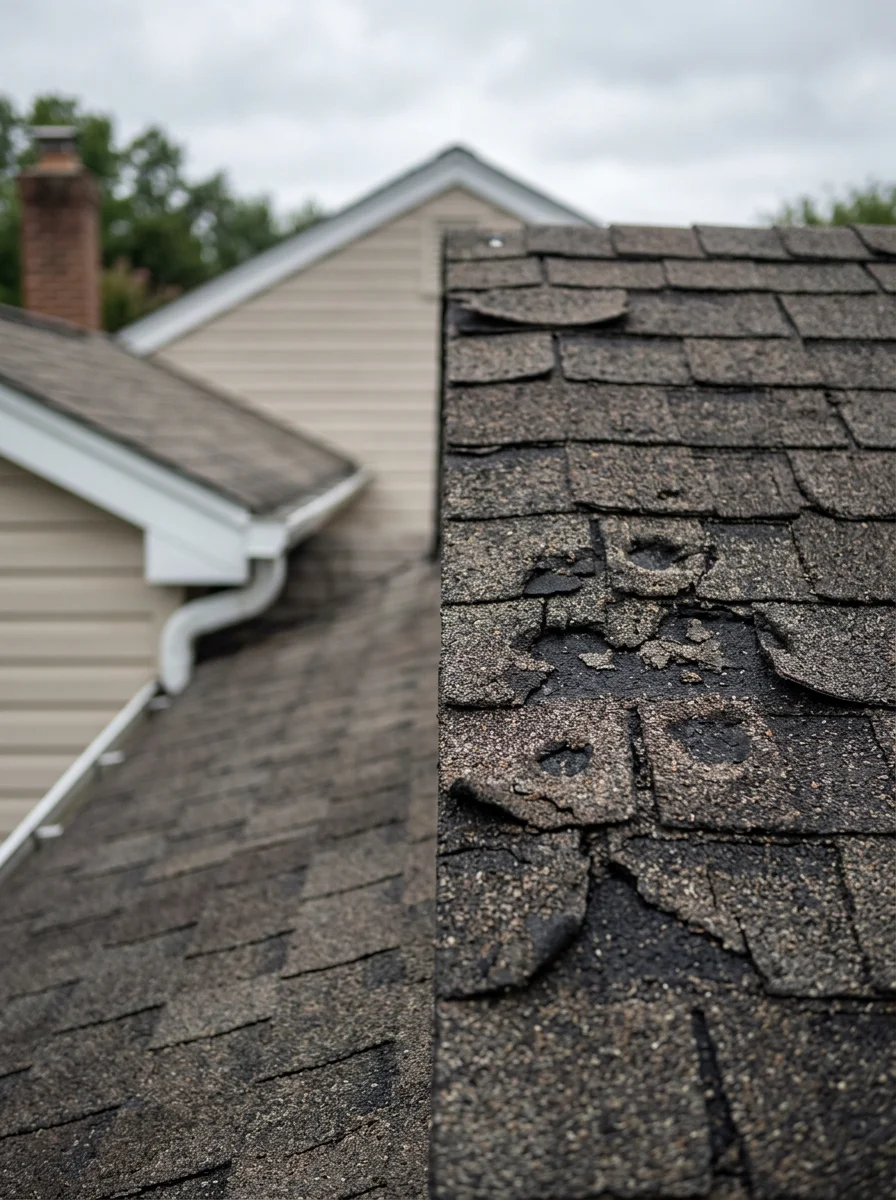 Close-up of a Millersville home roof showing hail impact bruising and granule loss on 1990s-era asphalt shingles, with curling at the shingle edges indicating end-of-life wear on a central Anne Arundel County property.