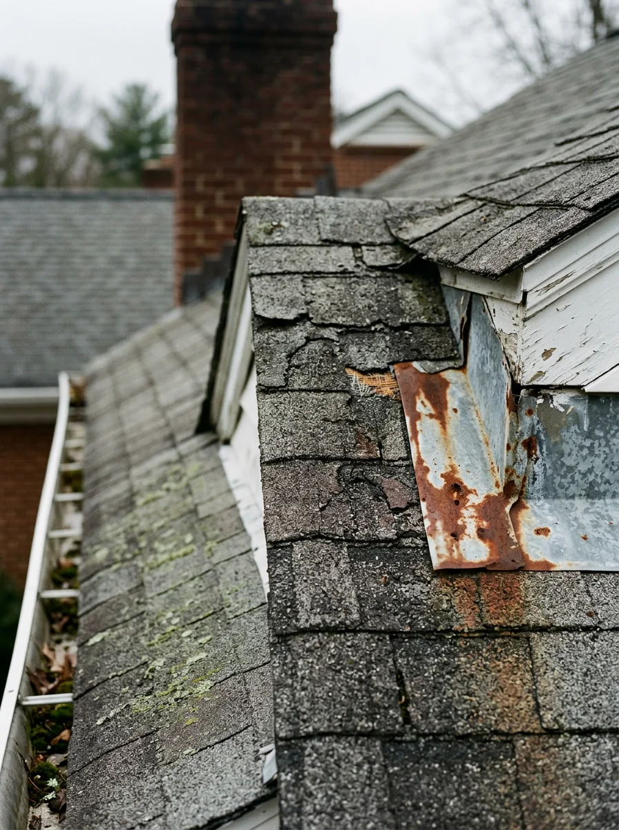 Close-up of a Severna Park colonial home roof showing aging shingles with granule loss and corroded step flashing at a dormer, typical of 1970s-era construction in the Shipley's Choice and Benfield area.