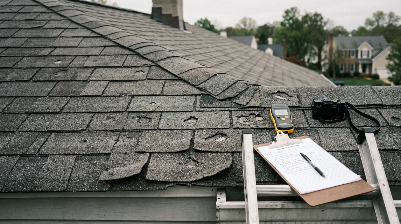 A Bohan Roofing team member conducting a post-storm roof inspection on a residential home in Annapolis, Maryland, with visible wind and shingle damage documented for an insurance claim.