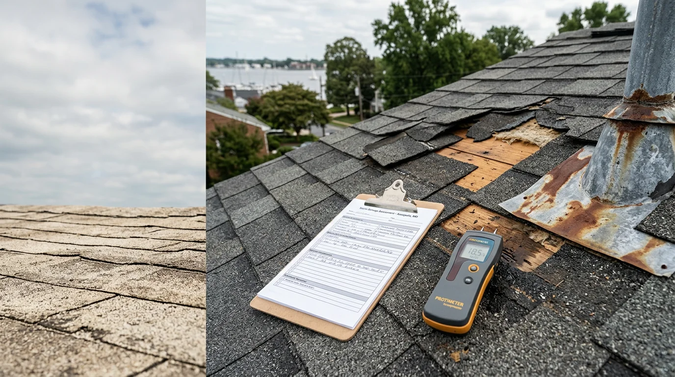 A Bohan Roofing team member conducting a roof damage assessment on a residential home in Annapolis, Maryland, examining shingles and flashing for storm impact and water intrusion.