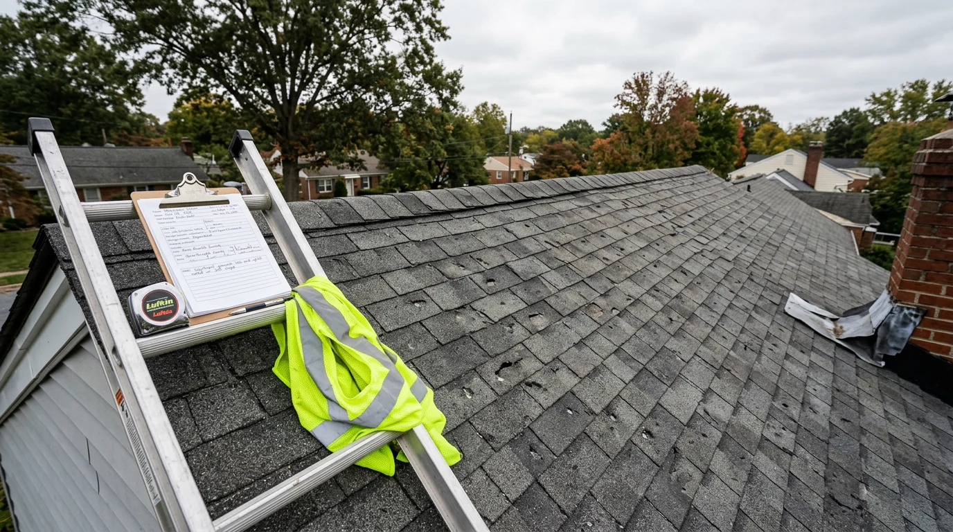 A Bohan Roofing team member and an insurance adjuster walking a storm-damaged residential roof in Annapolis, Maryland, reviewing hail and wind damage during a claim inspection.