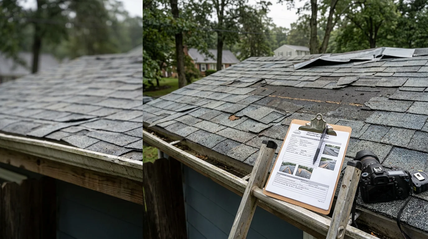 A Bohan Roofing team member on a residential roof in Annapolis, Maryland, photographing hail and wind damage to shingles and flashing for an insurance claim documentation package. Close-up view shows granule loss and lifted shingle tabs on an Anne Arundel County home after a storm.
