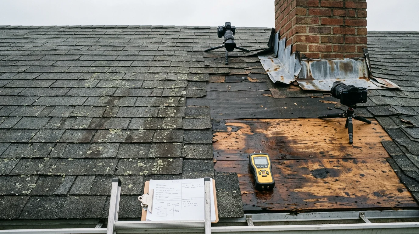 A residential roof in Annapolis, Maryland showing storm damage assessment in progress, with a roofing contractor documenting shingle and flashing condition for an insurance claim. The home reflects the coastal Anne Arundel County neighborhood setting.