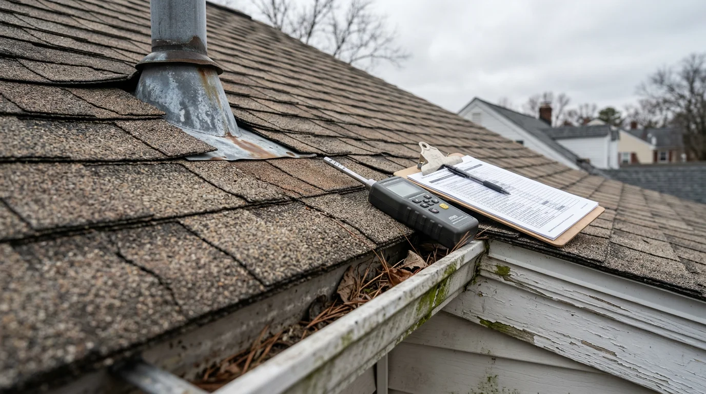A Bohan Roofing team member inspecting shingles and flashing on a residential roof in Annapolis, Maryland. Close-up view of the roofline showing the condition of shingles and vent flashing on a typical Anne Arundel County home.
