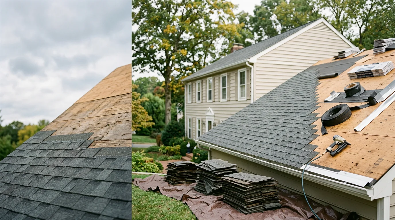 A completed residential roof replacement on a two-story home in Annapolis, Maryland, showing new shingles installed across the full roof deck. The surrounding neighborhood and mature trees are visible in the background.