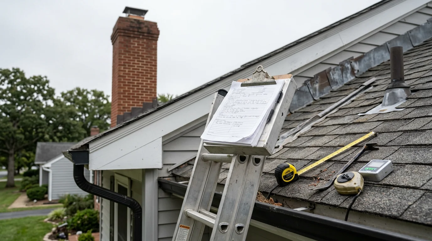 A Bohan Roofing team member reviewing a residential roof during an on-site estimate visit in Annapolis, Maryland. The image shows a sloped shingle roof on a single-family home with mature trees in the background typical of Anne Arundel County neighborhoods.