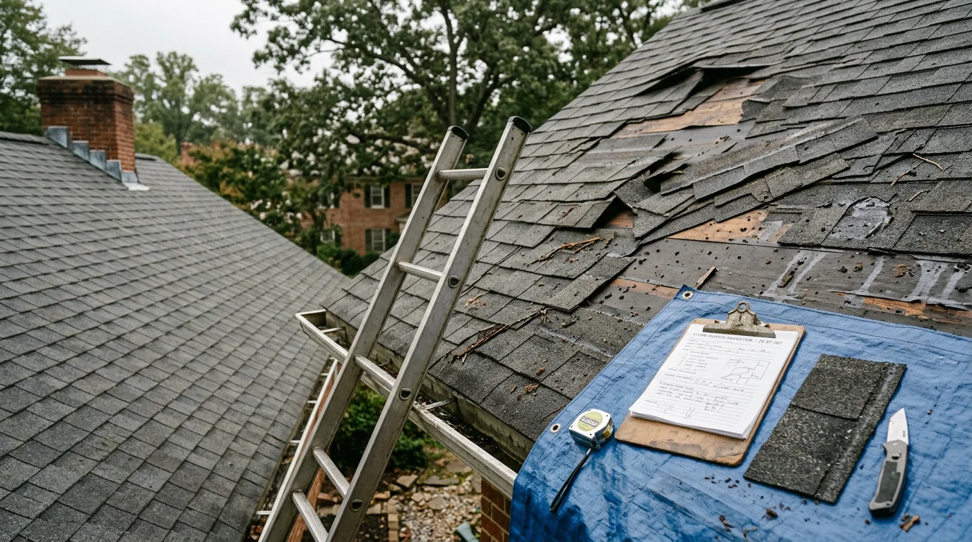 A residential roof in Annapolis, Maryland showing wind-lifted shingles and exposed decking after a storm. A roofing crew inspects the damaged section on a clear day following the weather event.
